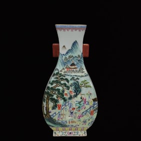 An Exquisite Landscape and Figure Pattern Double-Ears Painted Gold Vase