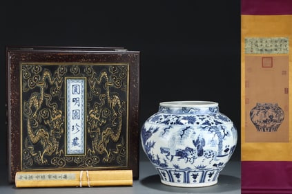 A Rare Blue and White Lotus,Character and Story Pattern Jar,With Vertical Scroll Painting on Silk