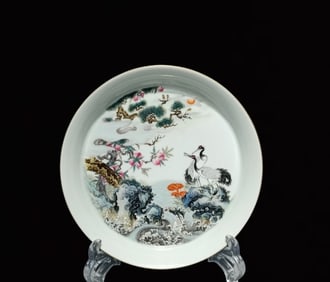 An Exquisite Enamel Green Ground Pine and Crane Pattern Plate