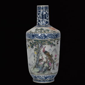 An Exquisite Blue and White Enamel Flower and Bird Pattern Vase, With Poem