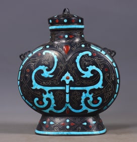 An Exquisite Bronze Inlaid Gold and Silver Double-Ears Bottle,Inlaid Turquoise