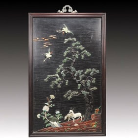 An Exquisite Redwood Inlaid Gems Pine and Crane Pattern Hanging Panel