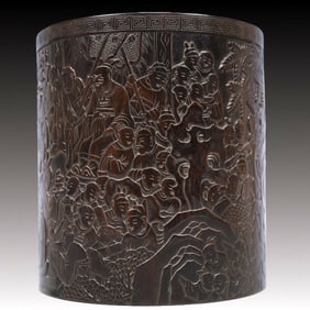 An Exquisite Zitanwood Character and Story Pattern Brush Pot