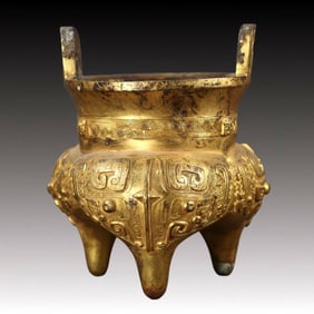 An Exquisite Gilt Bronze Beast-Face Pattern Double-Ears and Tripod Censer