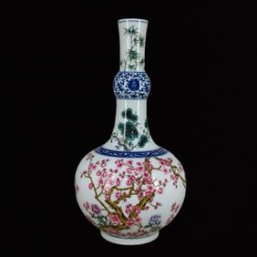 A Rare Enamel Pine, Bamboo and Plum Blossom Pattern Vase,with poem