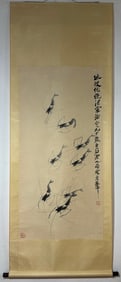 A Chinese Vertical Scroll Ink Painting of Shrimp on Paper,Qi Baishi
