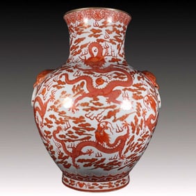 A Huge Iron-Red Painted Gold Dragon Pattern Double-Ears Vase