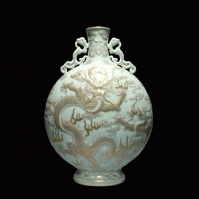 A Rare Celadon Glazed Painted Gold Auspicious Cloud and Dragon Pattern Dragon-Ears Vase