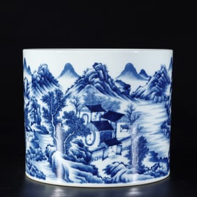 An Exquisite Blue and White Landscape Pattern Brush Pot