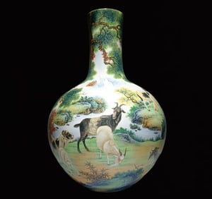 A Huge Enamel Sheep Pattern Vase,With Poem