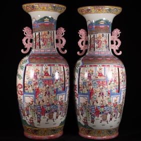 A Pair of Huge Famille-Rose Character and Story Pattern Double-Ears Vase