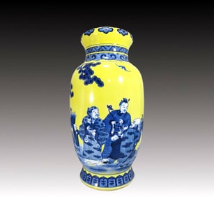 A Huge Yellow Ground Blue and White Character and Story Pattern Vase