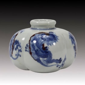 An Exquisite Blue and White Underglaze-Red Lion Pattern Water Pot