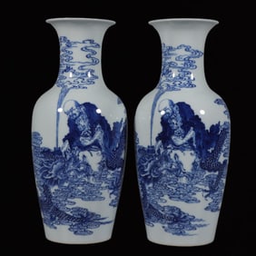 A Pair of Exquisite Blue and White Figure Pattern Vases