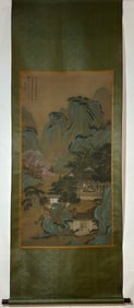 A Chinese Vertical Scroll Ink Painting of Landscape and Figure on Silk,Tang Yin