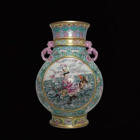 A Rare Enamel Green Ground Painted Gold Lotus and Figure Pattern Double-Ears Vase
