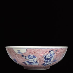 An Exquisite Blue and White Ruby Red-Glazed Eight Immortals Bowl