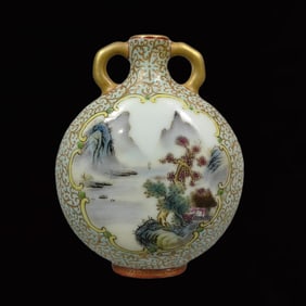 An Exquisite Enamel Painted Gold Landscape Pattern Double-Ears Vase