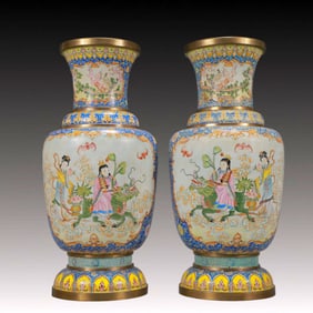 A Pair of Rare Painted Enamel Character and Story Pattern Vases