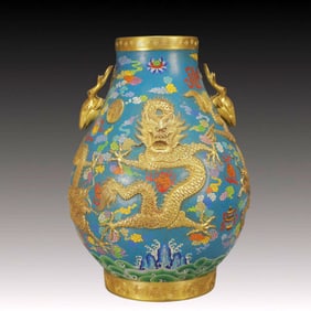 A Huge Cloisonne Auspicious Cloud and Dragon Pattern Deer-Ears Vase