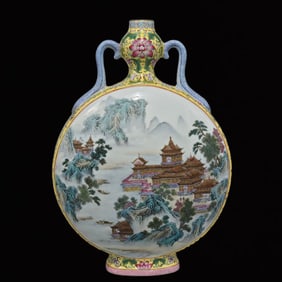 A Rare Yellow Ground Famille-Rose Landscape Pattern Double-Ears Vase