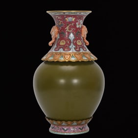 A Huge Enamel Ruby Red and Teadust Glazed Flower Pattern Elephant-Ears Vase