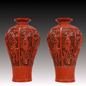 A Pair of Exquisite Carved Red Lacquer Flower Pattern Vases