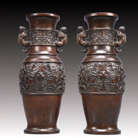 A Pair of Exquisite Eaglewood Beast-Face Pattern Dragon-Ears Vases