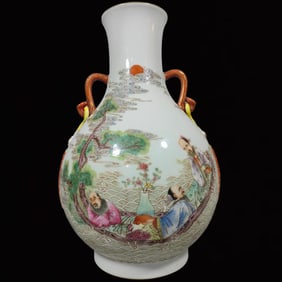 A Rare Famille-Rose Painted Gold Landscape and Figure Pattern Ruyi-Ears Vase