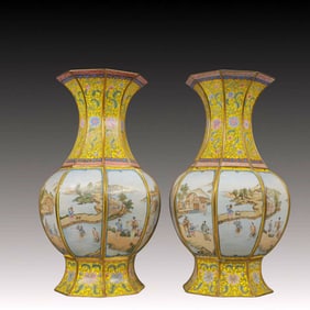 A Pair of Rare Painted Enamel Character and Story Pattern Vases