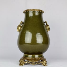 An Exquisite Teadust Glazed Inlaid Bronze Beast Ears Vase