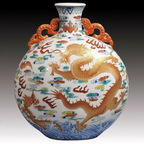 An Exquisite Blue and White Doucai Painted Gold Dragon Pattern Double-Ears Vase