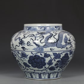 A Rare Blue and White Lotus Pattern,peony and Dragon Pattern Jar