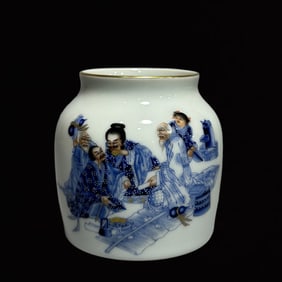 An Exquisite Blue and White Famille-Rose Painted Gold Jar,With Poem
