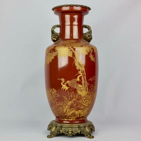 An Exquisite Iron-Red Painted Gold Pine and Crane Pattern Inlaid Bronze Double-Ears Vase