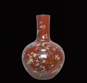 A Huge Enamel Coral Red Glazed Magnolia Pattern Vase,With Poem