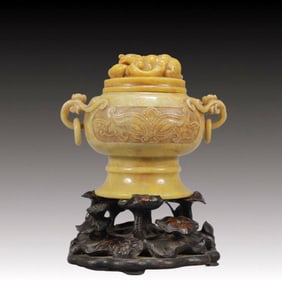 An Exquisite Shoushan Stone Beast-Face Pattern Double-Ears Censer
