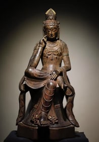 A Rare Limestone Painted Color Statue of Avalokitesvara