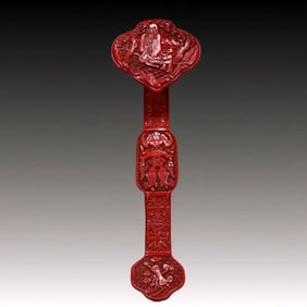 A Exquisite Carved Red Lacquer Character and Story Pattern Bats and Peach Pattern Ruyi