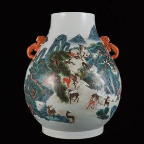 A Huge Famille-Rose Pine and Deer Pattern Double-Ears Vase
