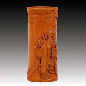 A Bamboo 'Attendant Girl' Brush Pot