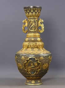 An Exquisite Gilt Bronze Plum Blossom,Orchid,Bamboo and Chrysanthemum Pattern Double-Ears Vase