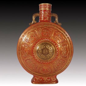 A Rare Iron-Red Carved Painted Gold Eight Treasures Pattern Double-Ears Vase