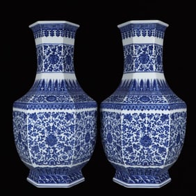 A Pair of Huge Blue and White Lotus Pattern Vases