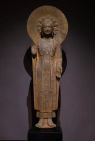 A Rare Qing zhou Painted Color Statue of Sakyamuni