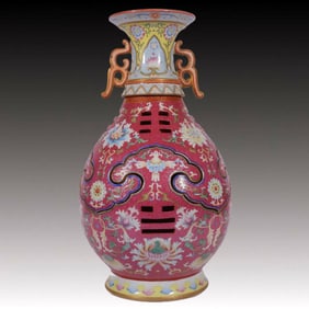 A Huge Famille-Rose Ruby Red-Glazed Hollow Trigram Pattern Vase