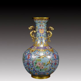 A Huge Cloisonne Flower and Bird Pattern Dragon-Ears Vase