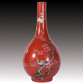 An Exquisite Famille-Rose Coral Red Glazed Flower and Bird Pattern Vase