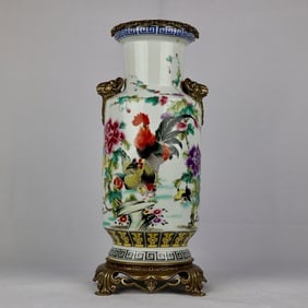An Exquisite Famille-Rose Character and Story Pattern Inlaid Bronze Beast Ears Vase,With poem