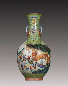 A Huge Green Ground Famille-Rose Character and Story Pattern Double-Ears Vase